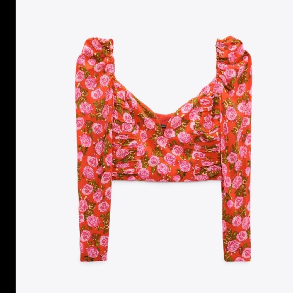 Zara Red and Pink Floral Top size Xs